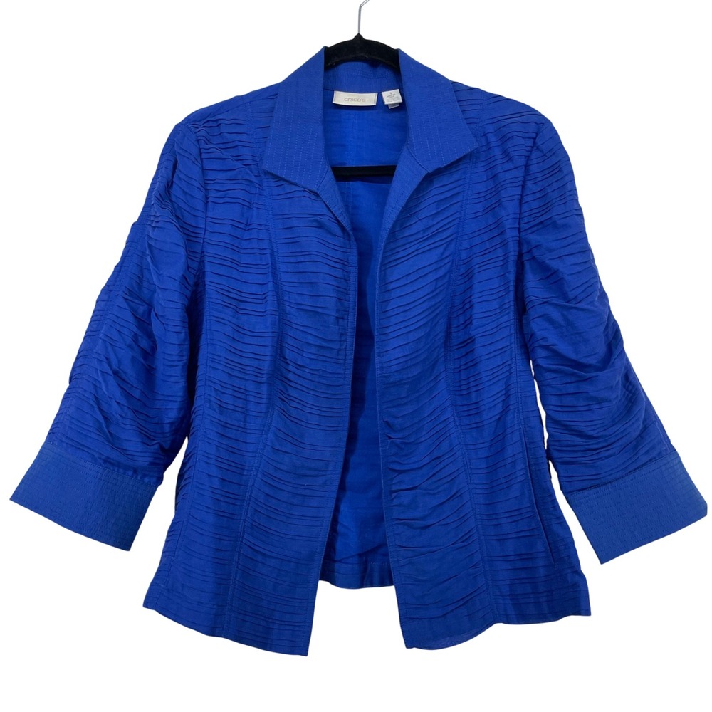 Chico's Size 1 Medium Open Front Blazer Blue Pleated Textured 3/4‎ Sleeve Jacket
